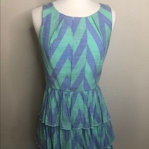 Sleeveless Chambray Blue Green Stripe Ruffle dress